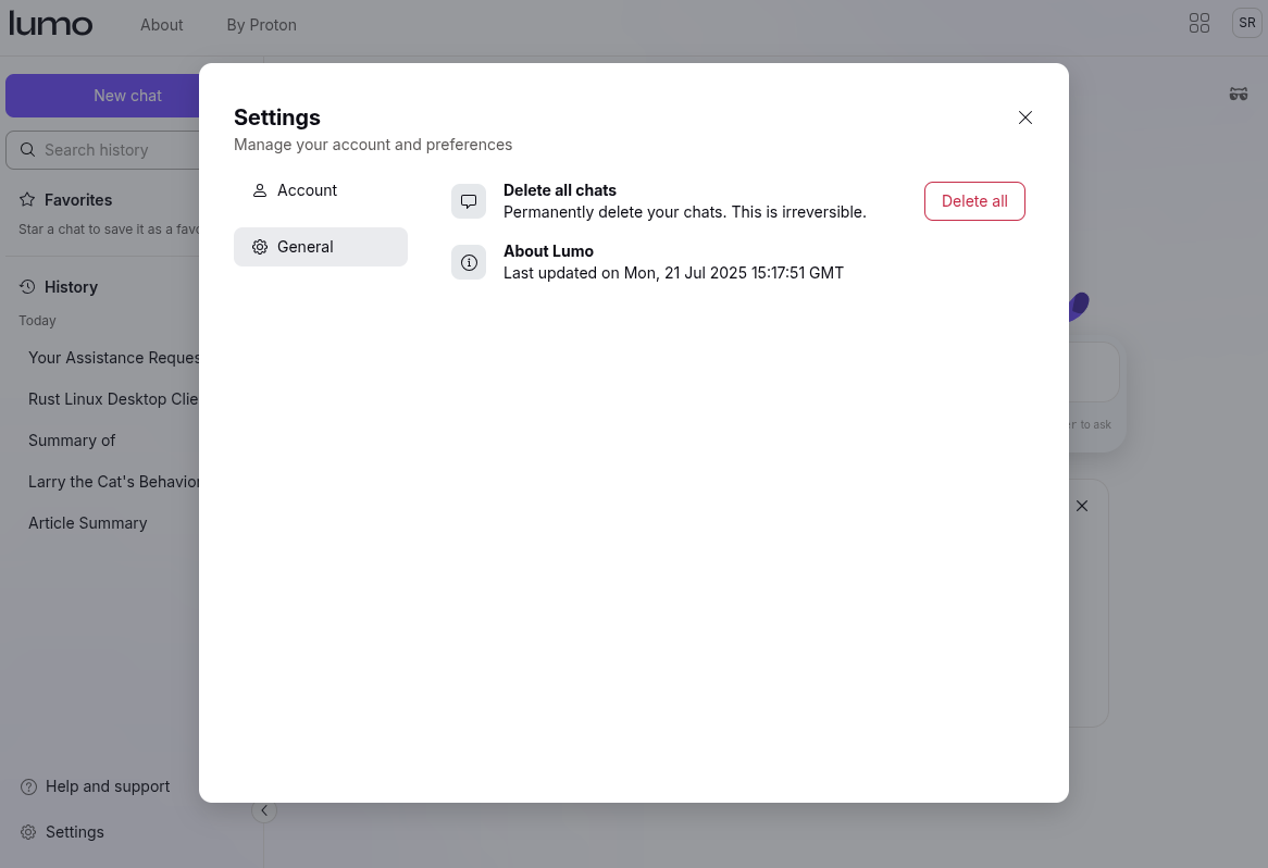 the settings page of lumo with two options under the general category being shown, delete all chats, about lemo (with update info below)
