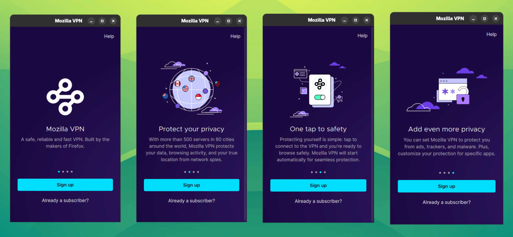 four screenshots of mozilla vpn, that show its features on the login screen
