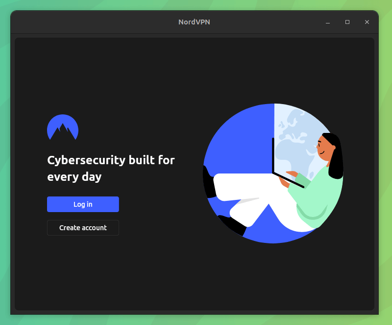 nordvpn linux client login screen, there is an illustration of a woman using a laptop on the right, and the nordvpn logo on the left with two buttons for log in and create account