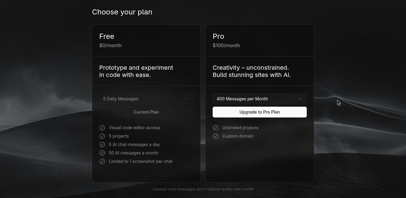 the pricing page for onlook's cloud hosted option, there is a free plan for $0 a month, and a pro plan with variable pricing according to messages per month, i have selected 400 messages per month, and the quote for that is $100 per month