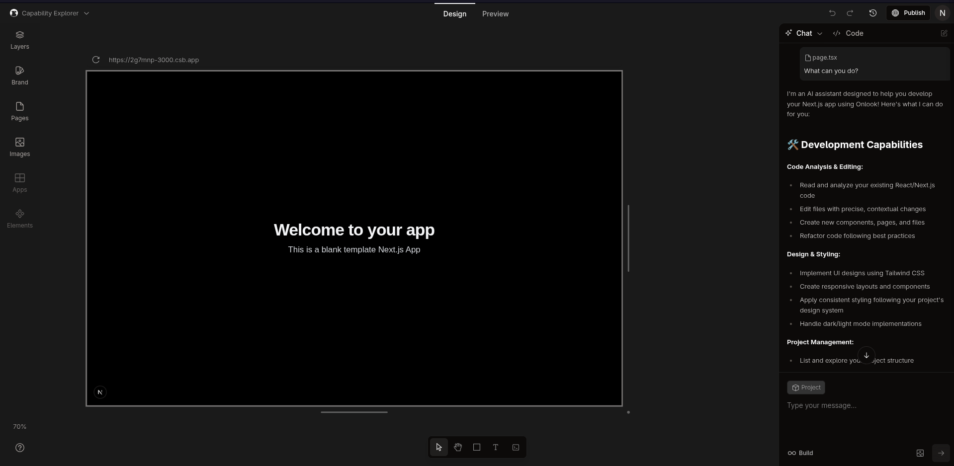 onlook with an empty project, the chat window has a prompt by me that asks what can you do?, the ai system on board replies with some important information below that