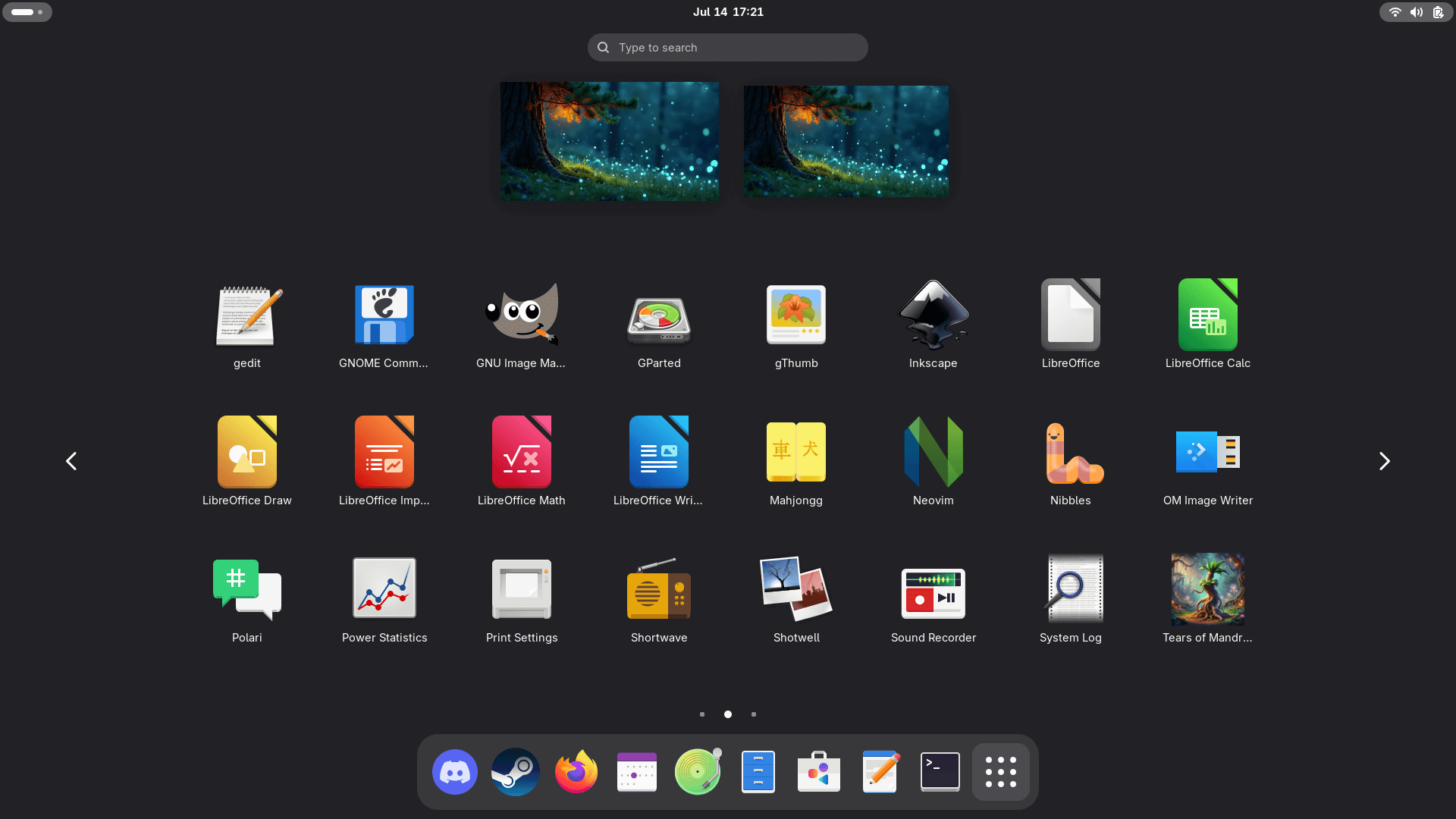 the apps menu on openmandriva lx rock with many apps, tools, and games listed