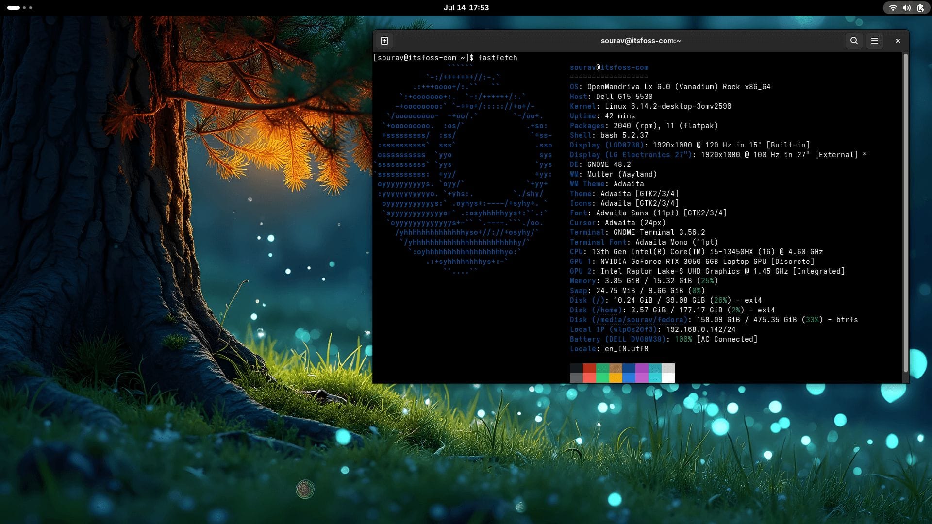 fastfetch output of openmandriva lx rock running on a dell laptop