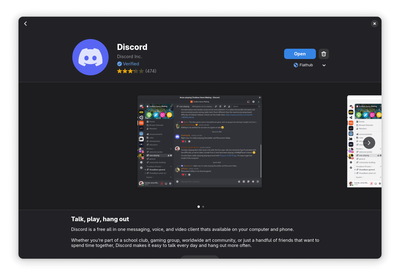 the discord flatpak on gnome software, there are a few screenshots of it in the middle