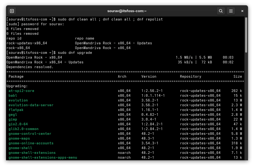 a terminal screenshot showing the sudo dnf clean all ; dnf clean all ; dnf repolist command being run first, followed by sudo dnf upgrade