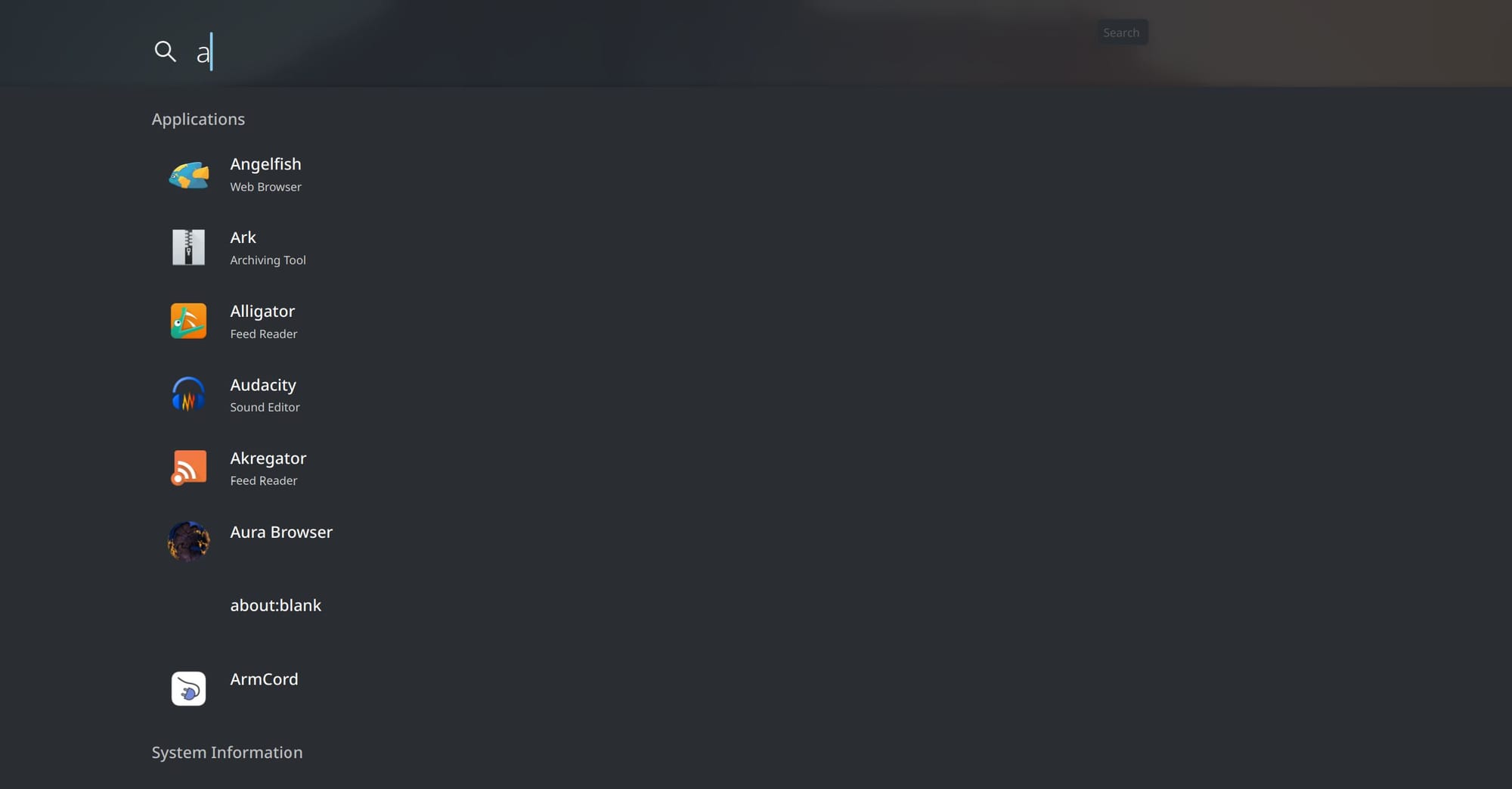 the search menu on plasma bigscreen with the search term "a", it is showing applications like angelfish, ark, alligator, audacity, akregator, aura browser, and armcord