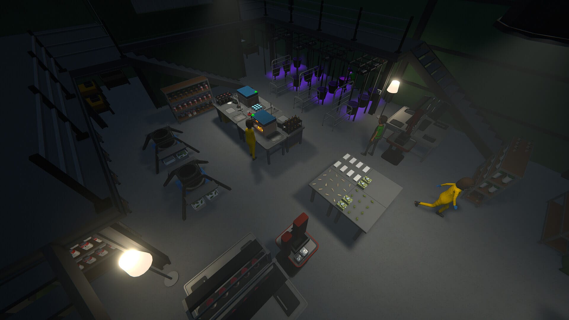 there is a room filled with many narcotics, with a few people working and walking around