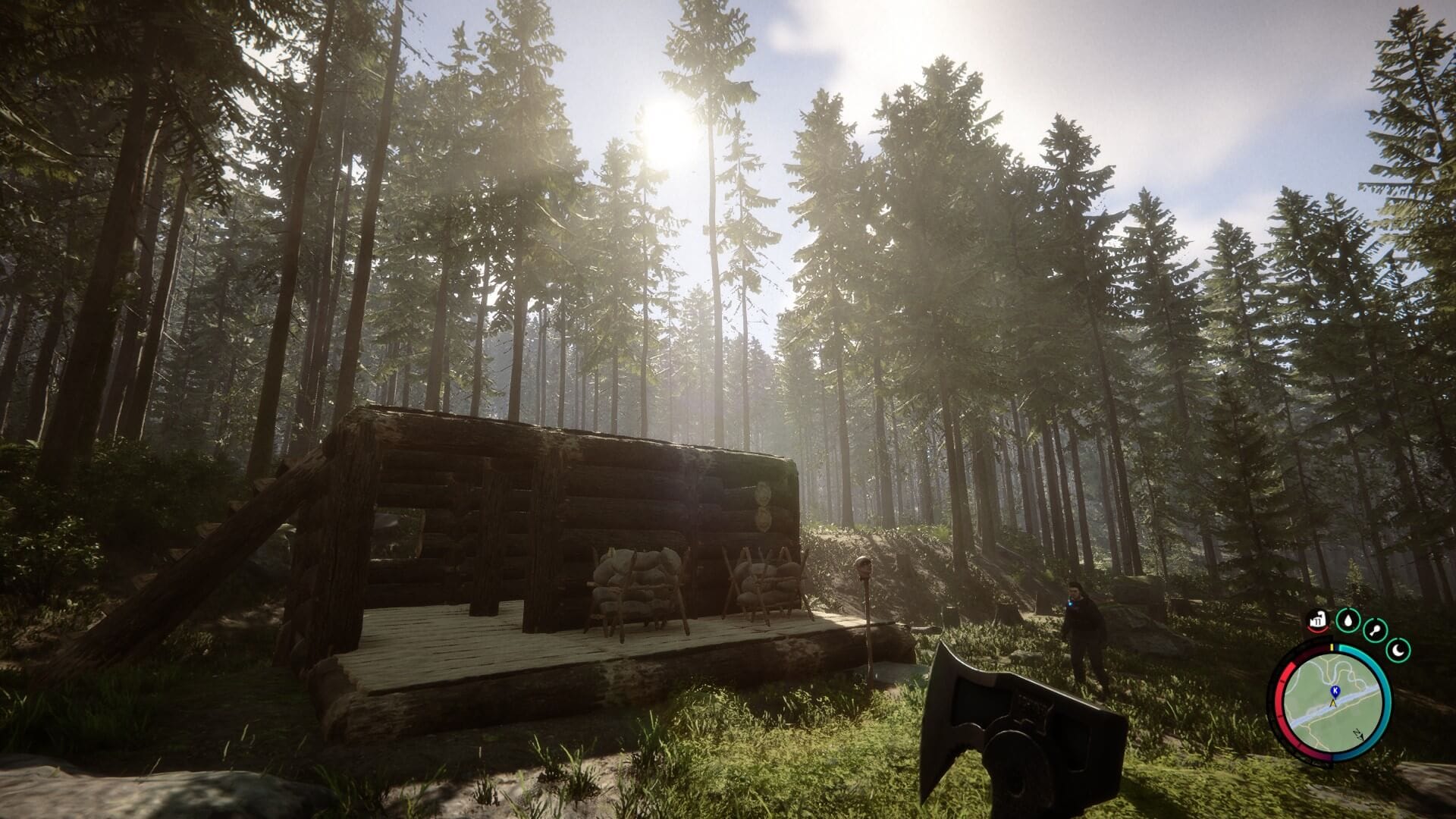 a basic shelter made using logs is shown inside a lush forest, the player has an axe in their hand, and the minimap is being shown towards the right bottom part