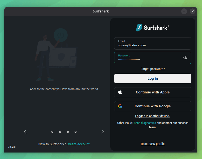the login screen of surfshark for its linux client, there is a carousel to the left that is showing surfshark's features