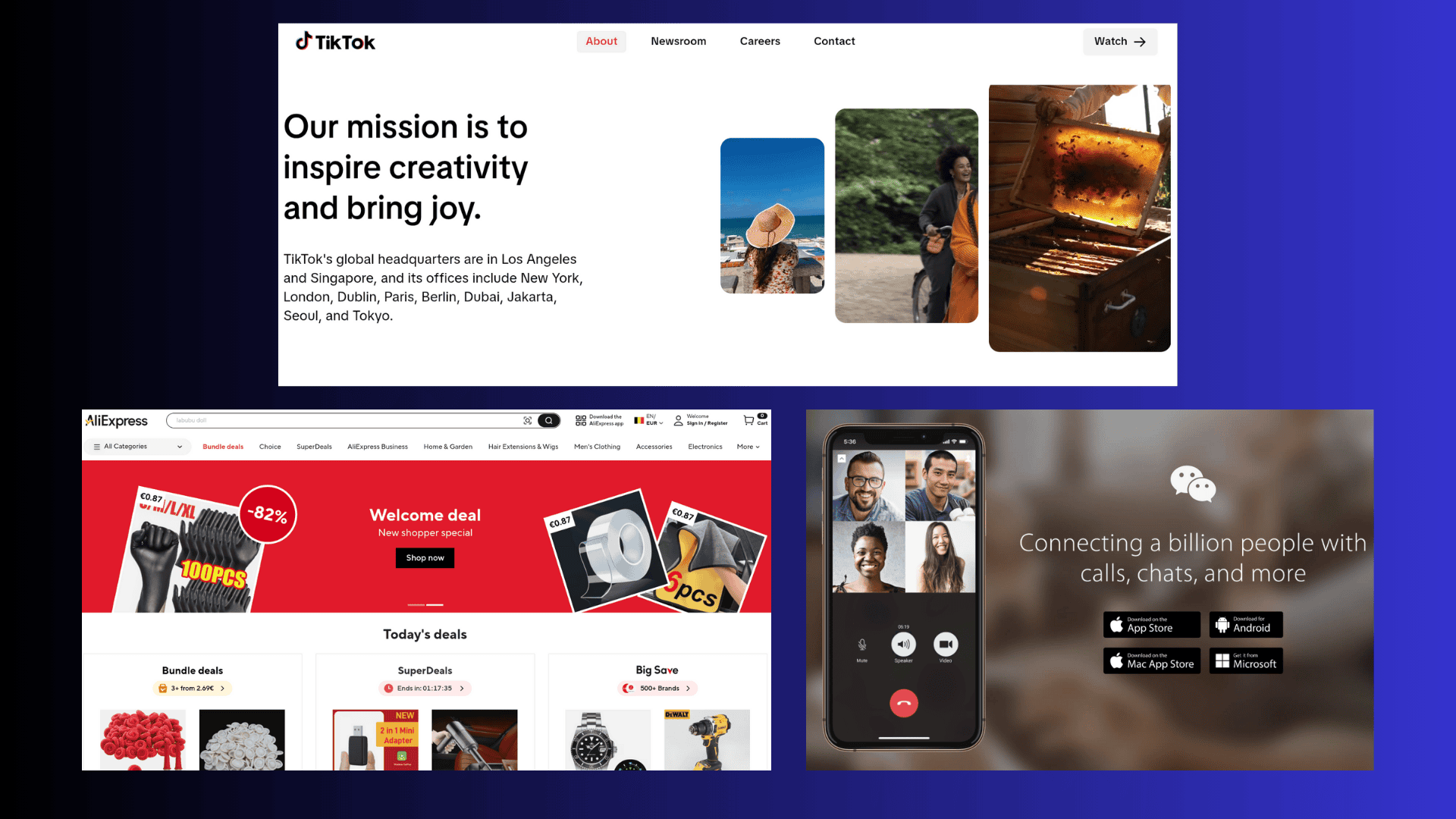 a black/blue gradient banner that shows the official websites for tiktok, aliexpress, and wechat, there is a variety of content on these