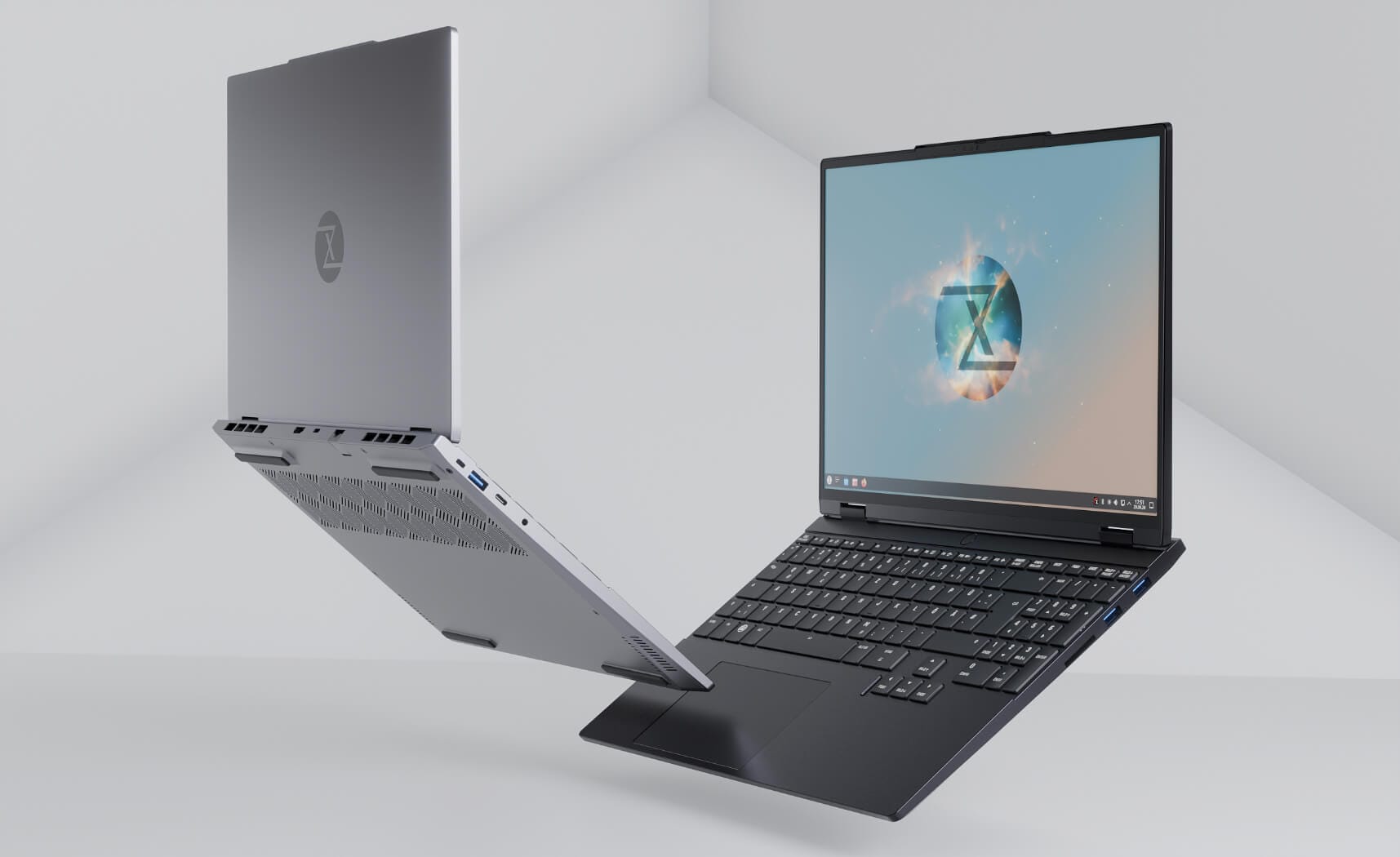 two tuxedo infinitybook pro 15 gen 10s are shown floating in the middle against a white background, showing front and rear angles of the devices