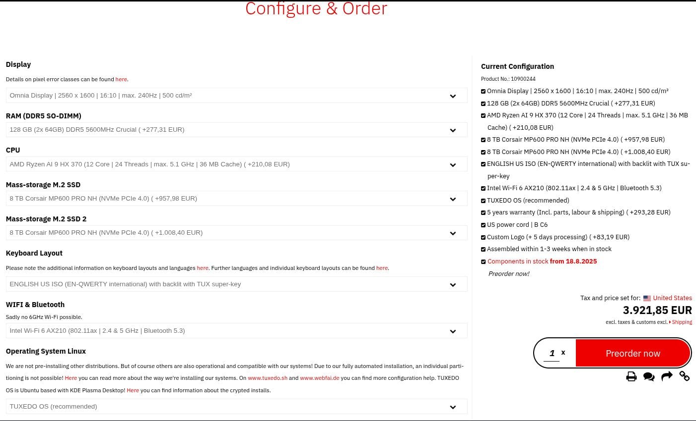 the configure and order page for the tuxedo infinitybook pro 15 gen 10 that shows dropdown menus for parts like display, ram, cpu, etc. on the left, with a current configuration list on the right that shows a pre tax, custom, shipping price of 3,921.85 euros