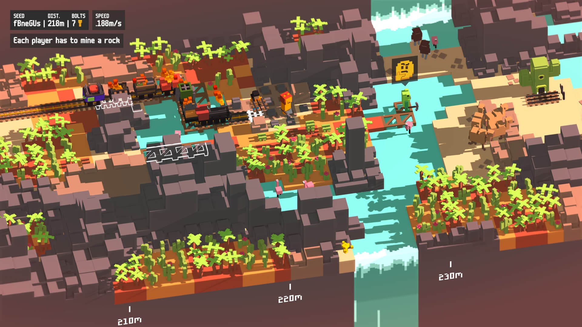 a train is progressing through the environment, with multiple players working on how to take the train ahead, there's a major river crossing
