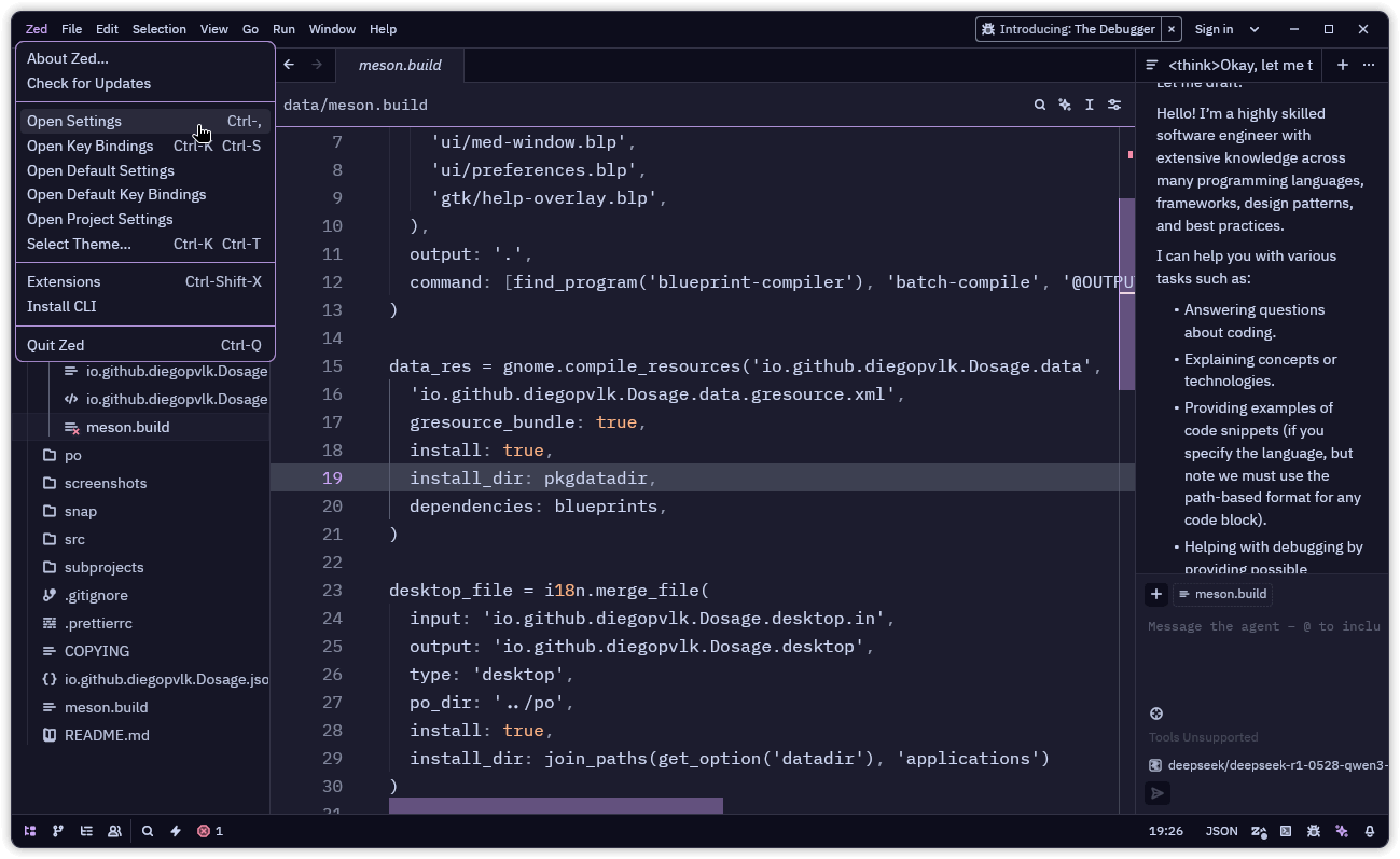 zed editor with a meson.build file open, and the agent panel showing a chat, which is powered by deepseek r1