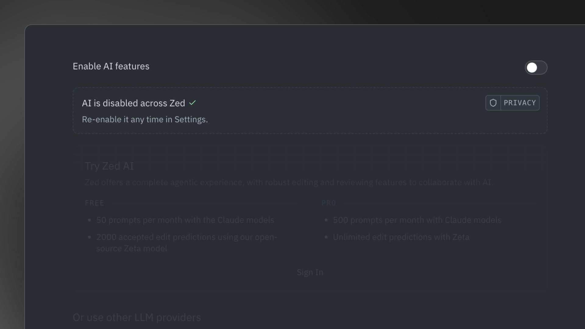 the work in progress enable ai features button for zed editior new user onboarding, it is a toggle switch on the right