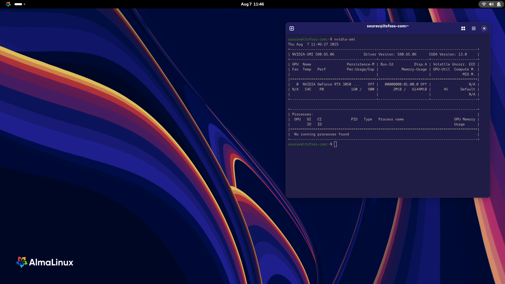 almalinux os 10 desktop is shown with a terminal window towards the right with the nvidia-smi command executed, it is showing details related to the nvidia rtx 3050 6gb gpu on my laptop