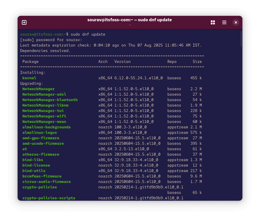 a terminal window that shows the sudo dnf update command running, and there is a long list of packages that are being upgraded