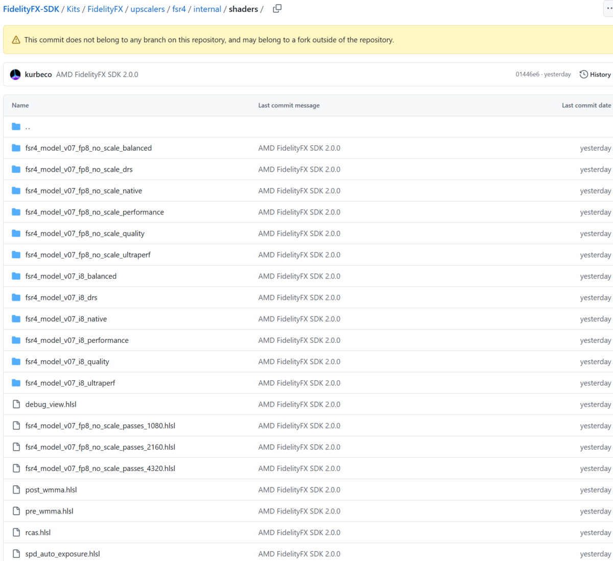 the photo shows a github repository for fidelityfx, where the shaders folder is open showing the many models used underneath fsr 4