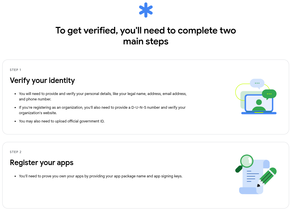 the android developer verification is shown here with two main steps listed