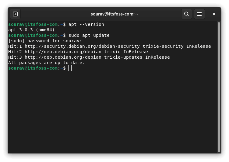 the terminal is being used to run two commands, apt --version (shows apt 3.0.3 amd64), and sudo apt update (which runs an update for the system)