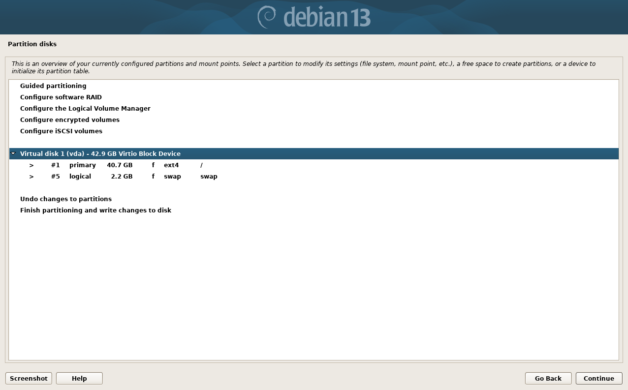 just a placeholder image that shows the calamares installer on debian 13 "trixie", the disk paritioning page is being shown with a virtio block device with two partitions in it