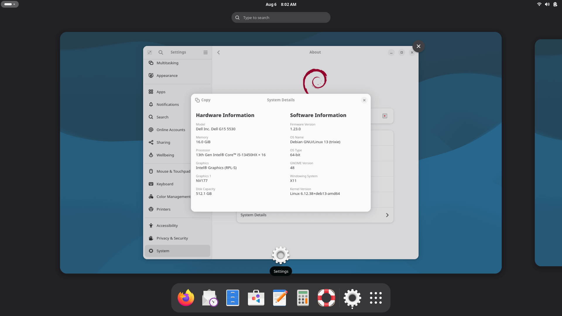 a screenshot of gnome 48 with the system details page open in the settings app, it is showing important details related to my hardware and software setup, a dock filled with apps is below that