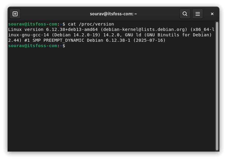 a terminal screenshot showing the cat /proc/version command being run to show kernel details for debian 13 "trixie"