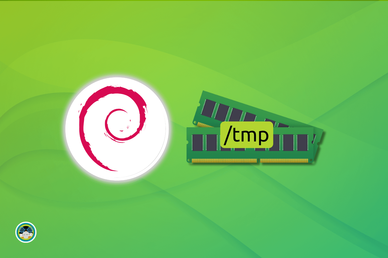 debian logo on the left, two ram sticks with /tmp written above them on the right