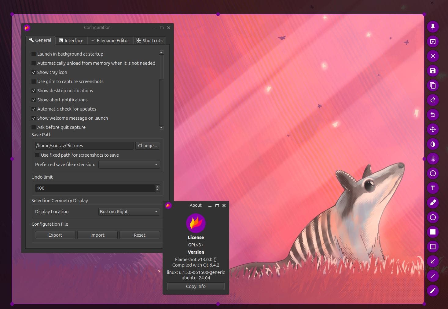 flameshot 13.0 being used to take a screenshot of a ubuntu 24.04 lts desktop with its about and confugration dialog open in the background, there is a pink colored numbat wallpaper in the background too