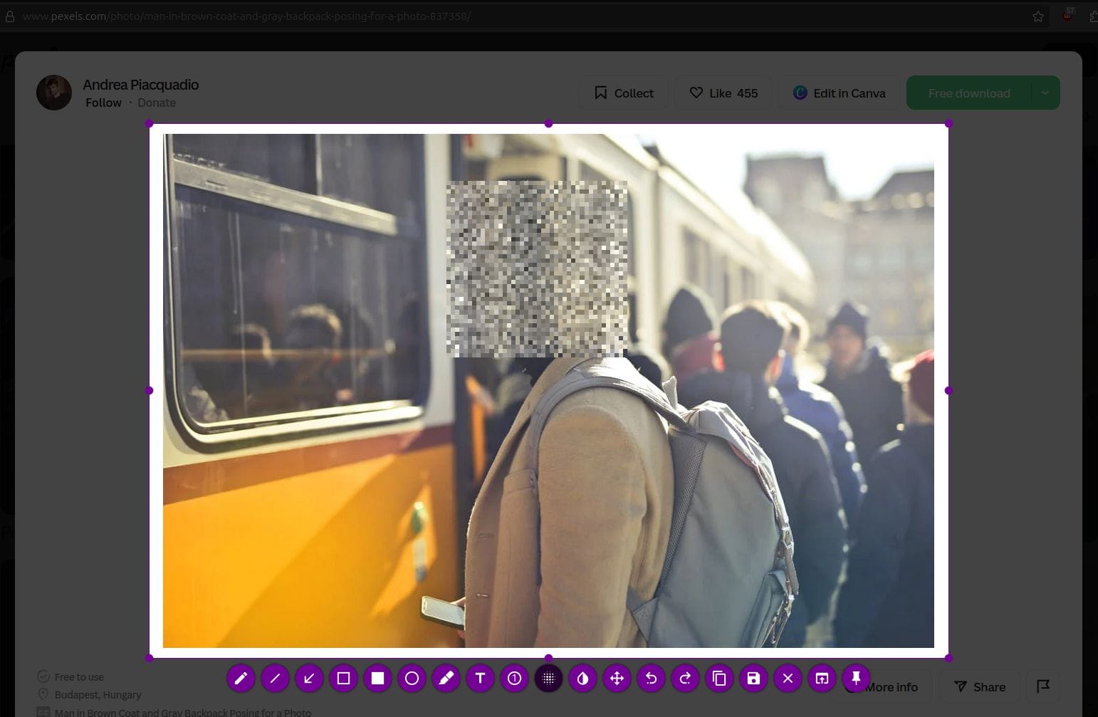 flameshot 13.0 being used to pixelate a person's face using the revamped pixelate paint tool in a photo by andrea placquadio on pexels; the photo has many people waiting for a tram, and there is a yellow colored tram near them