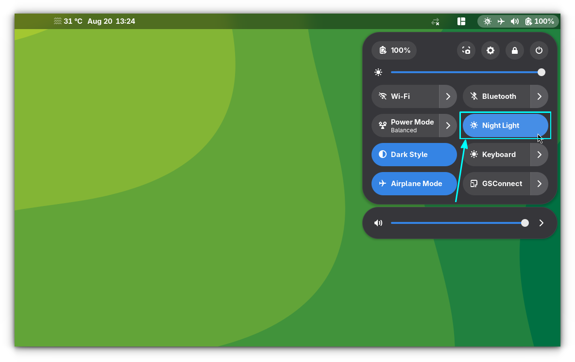 A screenshot for the GNOME Nightlight quick toggle button in the top panel.
