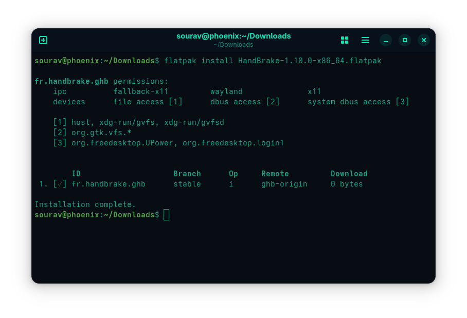 a terminal window that shows the flatpak install command being used to install the flatpak package for handbrake 1.10