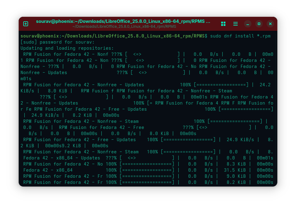 a terminal window screenshot that shows the "sudo dnf install *.rpm" command being run to install libreoffice 25.8