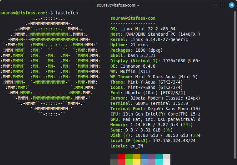 a terminal window is showing the fastfetch output of linux mint 22.2