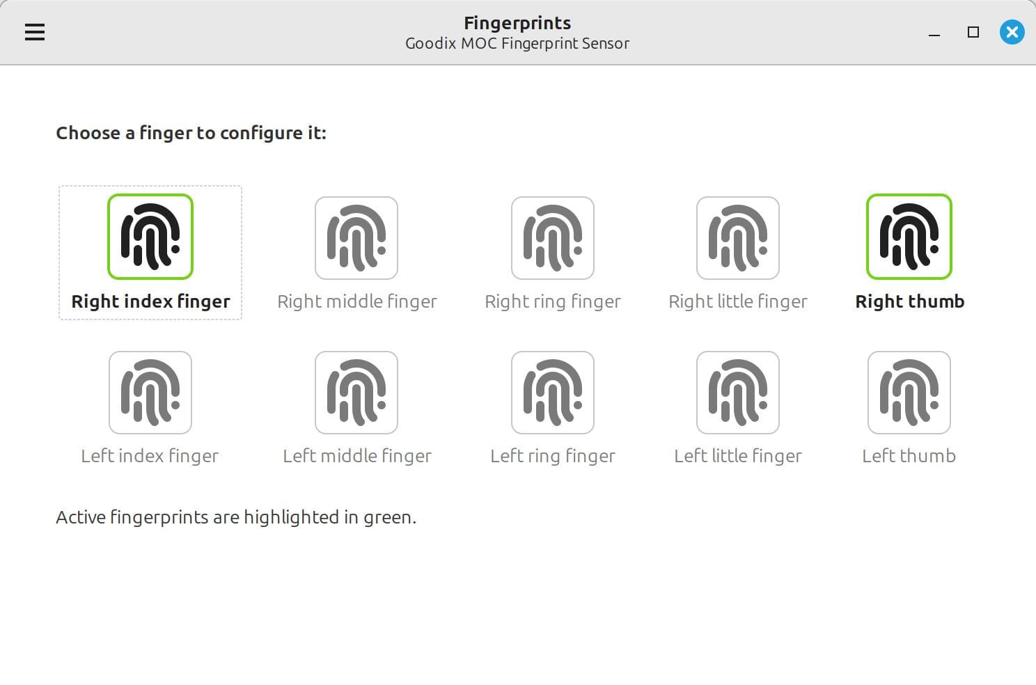 the fingwit app is shown here with ten finger options being shown for configuration