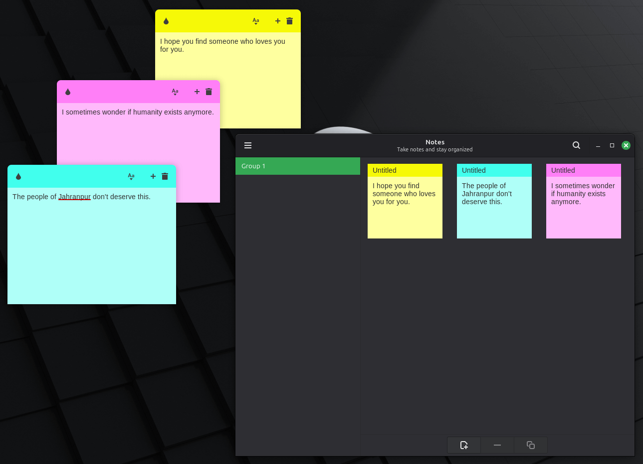 there are three sticky notes and the notes app shown on a linux mint 22.2 desktop with different colors and content in them