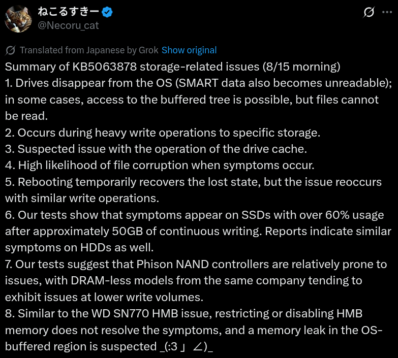 there are eight points shown in this screenshot of a x post by a user named necoru_cat related to a windows update that broke storage