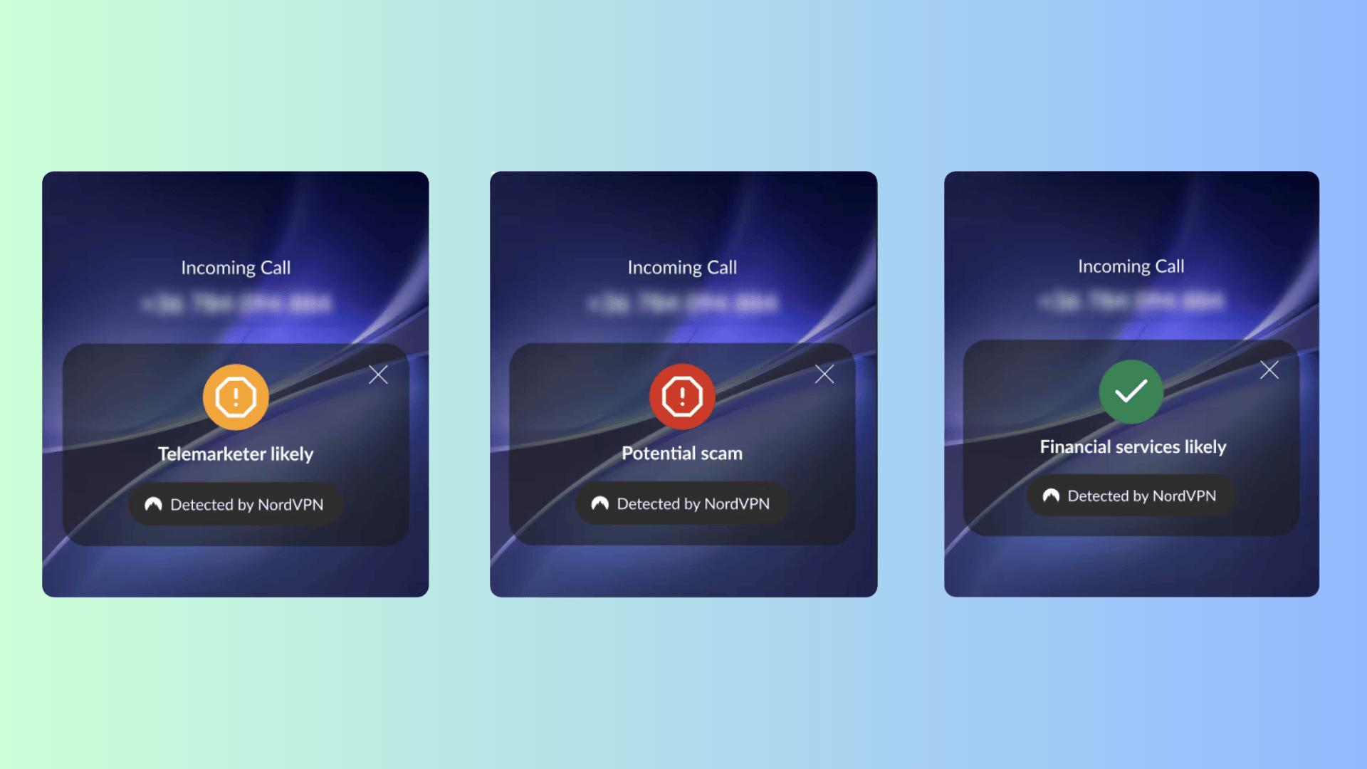 a collage pic with a mixed blue green background that shows three different screenshots for nordvpn's new scam call protection feature, the first shows a notification telemarketer likely, the second shows potential scam, and the third one shows financial services likely