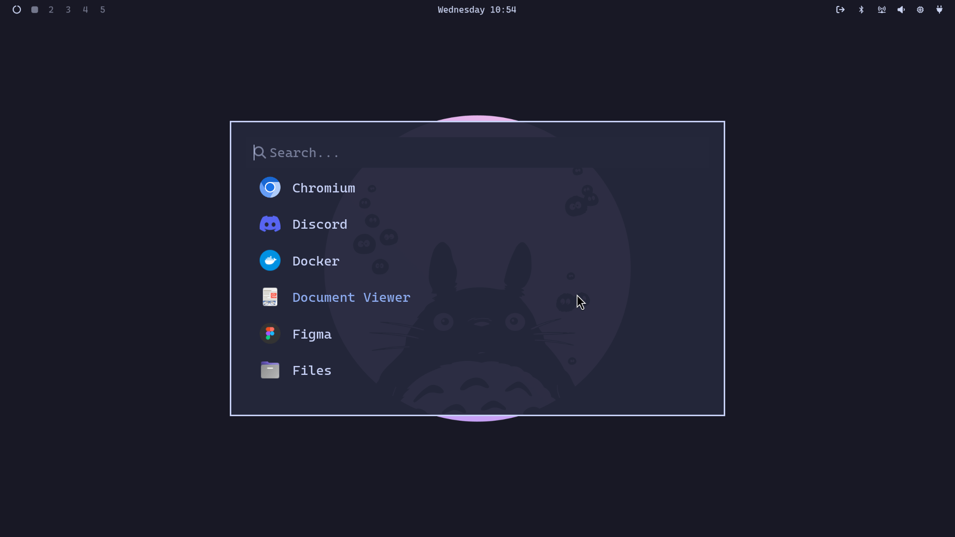 the app menu in omarchy showing a bunch of pre-installed apps like chromium, discord, docker, document viewer (gnome), figma, and files (nautilus)