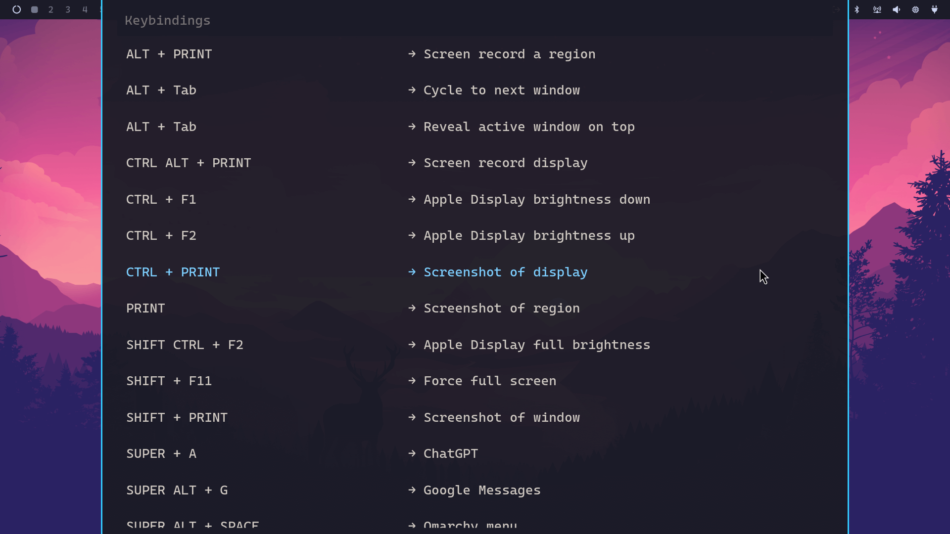 the keybindings page in omarchy, with many keybindings being shown on the screen
