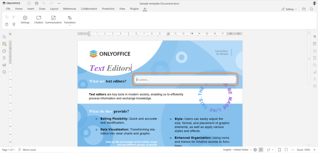 a screenshot of onlyoffice that shows the ai action textbox in the document editor