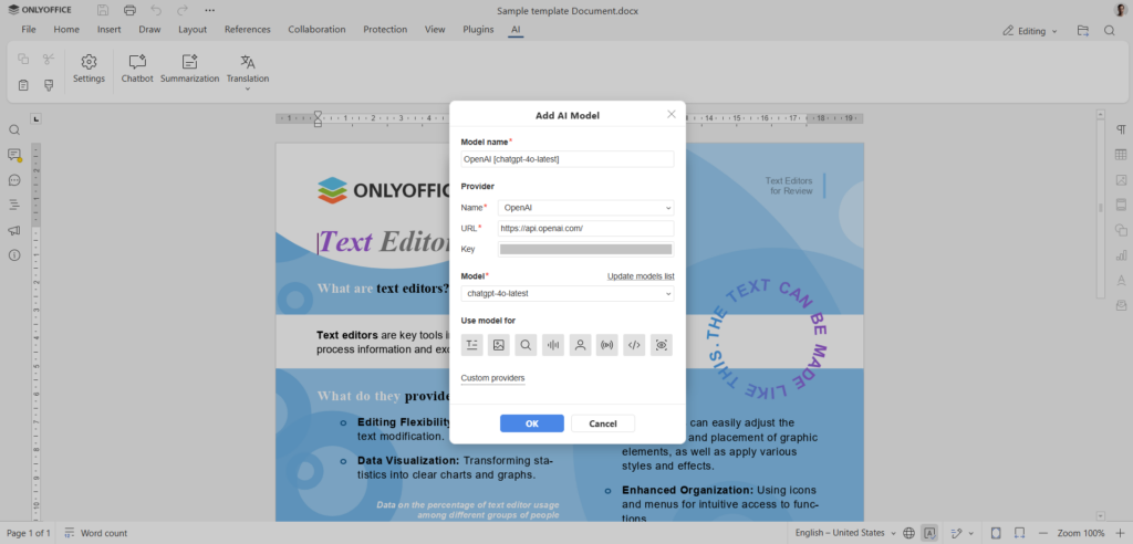 the add ai model page is being shown, there are model details from openai entered in the various text boxes
