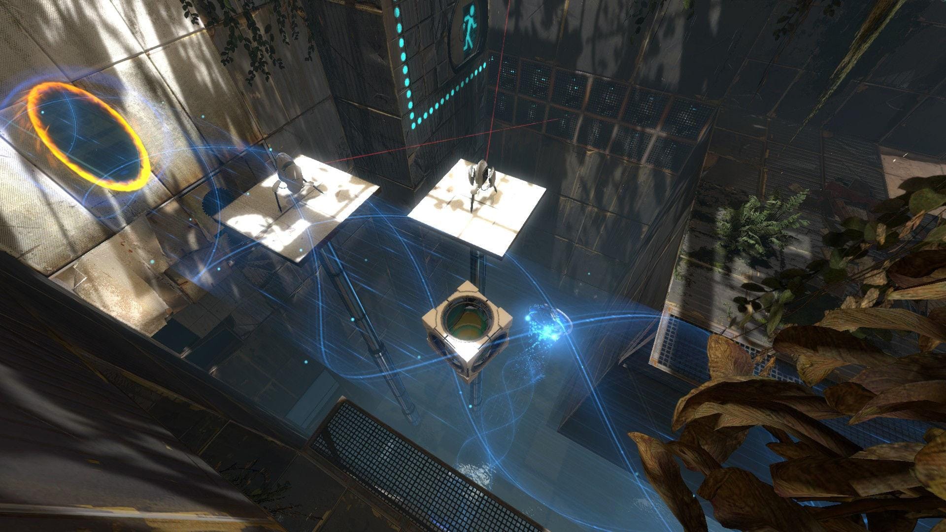 two robots are seen traversing a bunch of floating platforms to reach an orange colored portal
