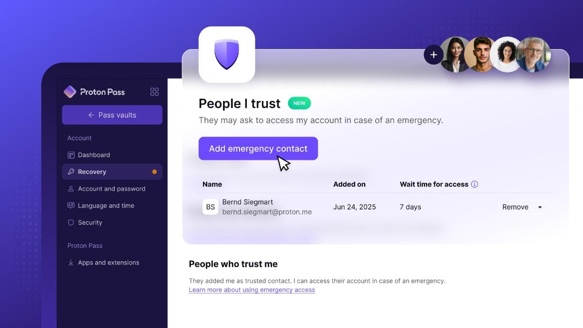 an illustration that shows the people i trust page in proton pass with an emergency contact added