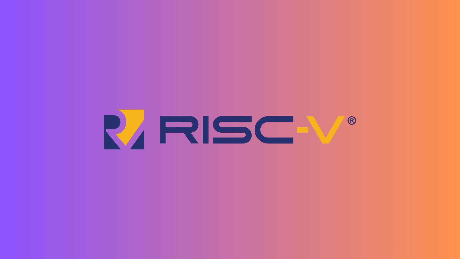 the risc-v international logo is in the middle, the background is a mix of pink and orange shades