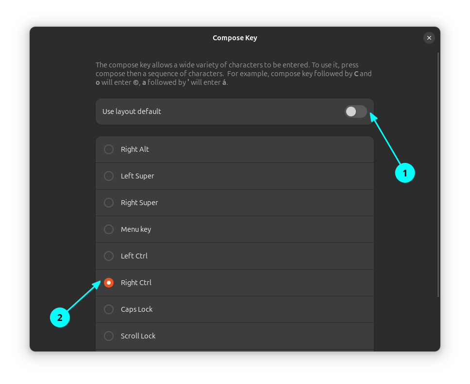 A screenshot of the compose settings in GNOME Settings application. Here, enable another key to use as compose key