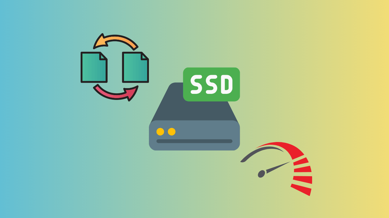 there is an illustration to the top left that shows files being transferred, an enclosed ssd in the middle, and a speedometer illustration on the bottom right