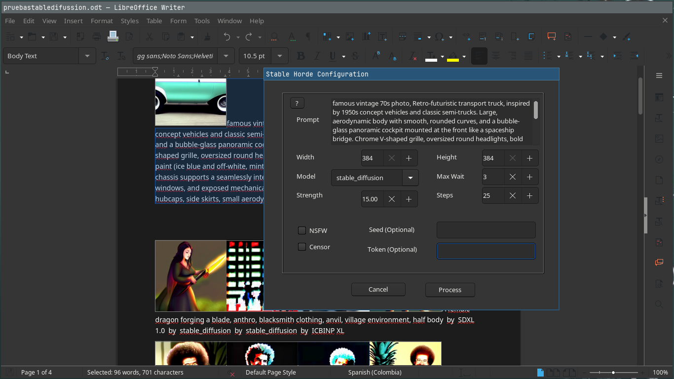 the stable horde configuration dialog is being shown in libreoffice writer with a long prompt entered into it, the background shows the original prompt as part of a document