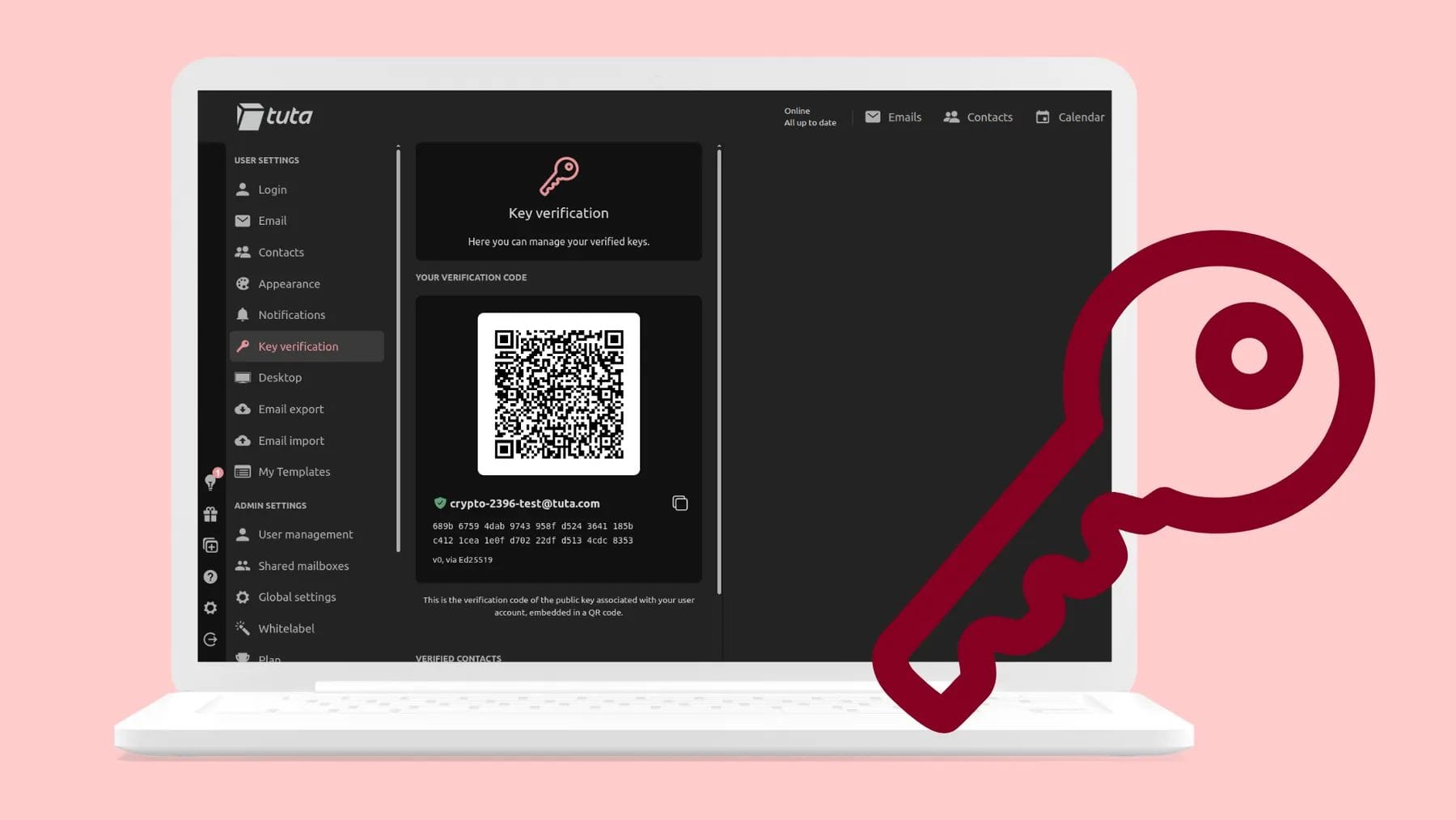 an illustration of a laptop is shown with the new key verification feature in action on tutal mail