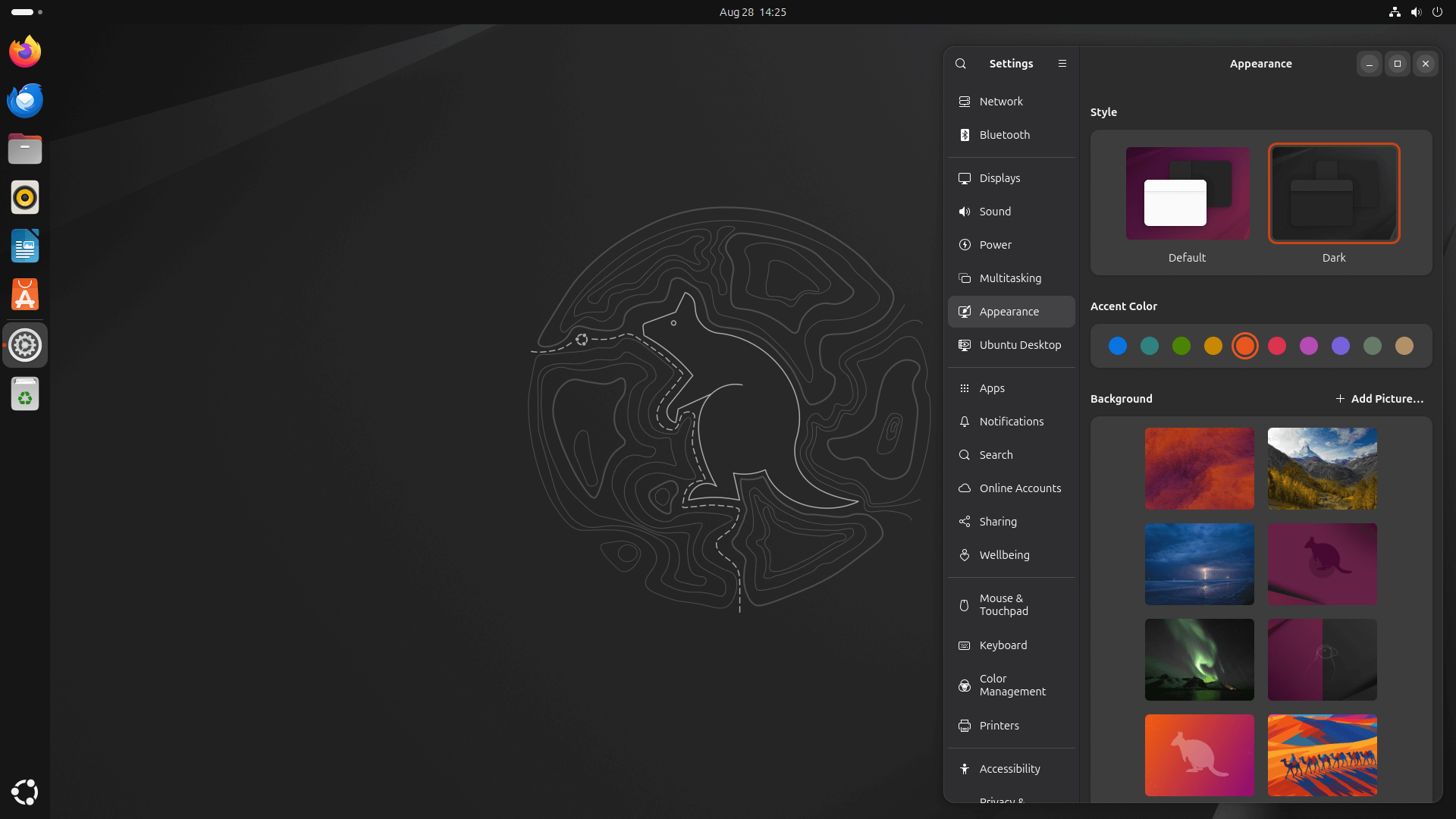 the new wallpapers are shown in the appearance dialog on the right, and the dark mode of the default wallpaper is set as the desktop background